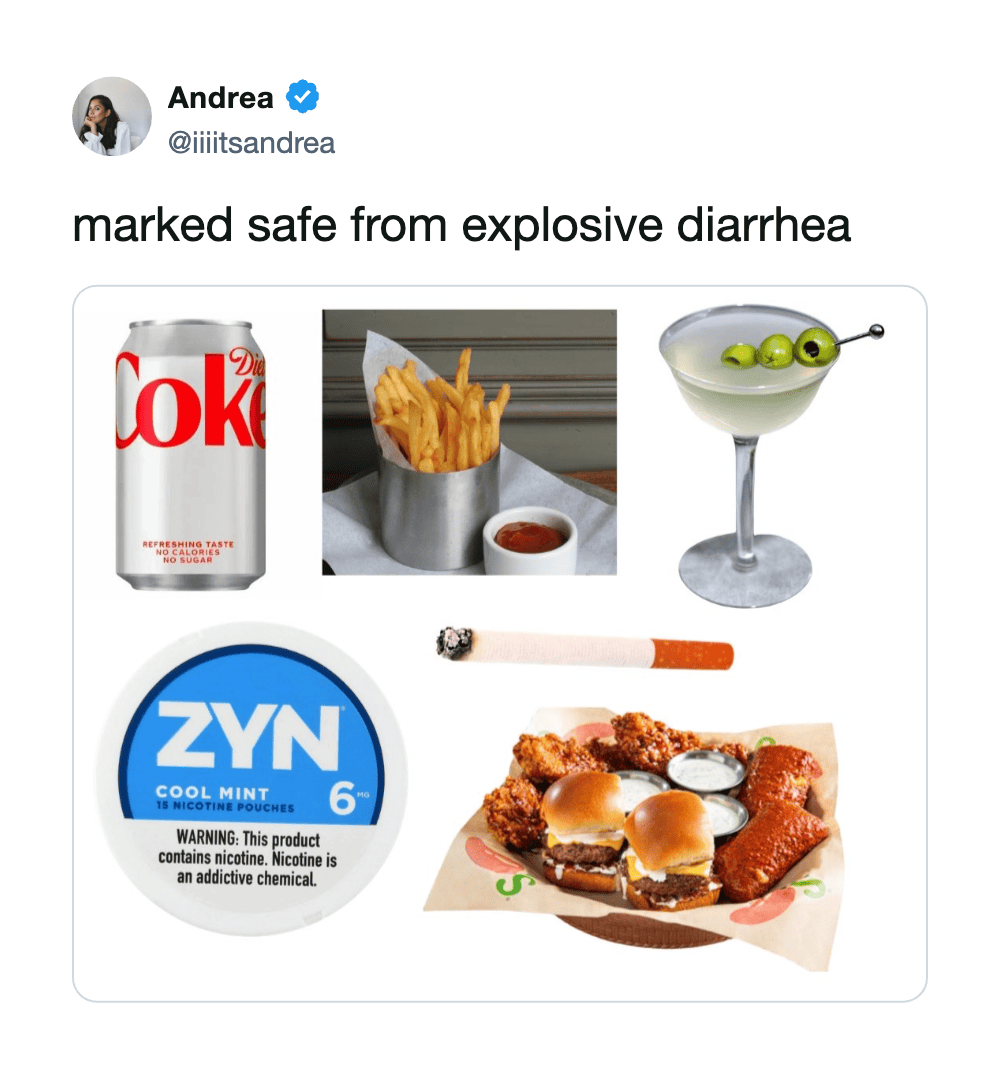 A tweet by Andrea about being safe from explosive diarrhea with images of soda, fries, a cocktail, m.