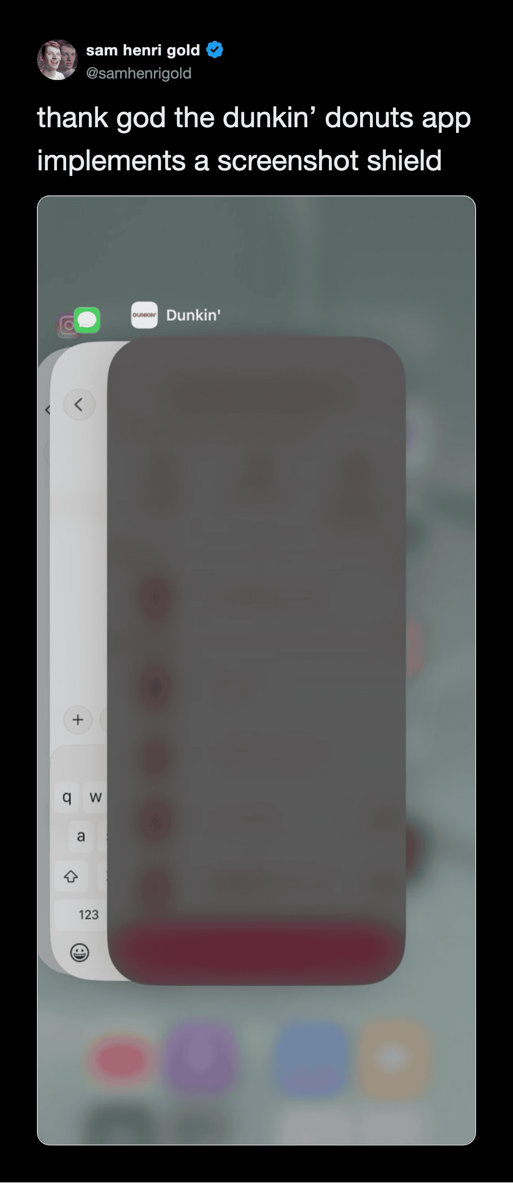 Screenshot of Dunkin' Donuts app with a screenshot shield feature.