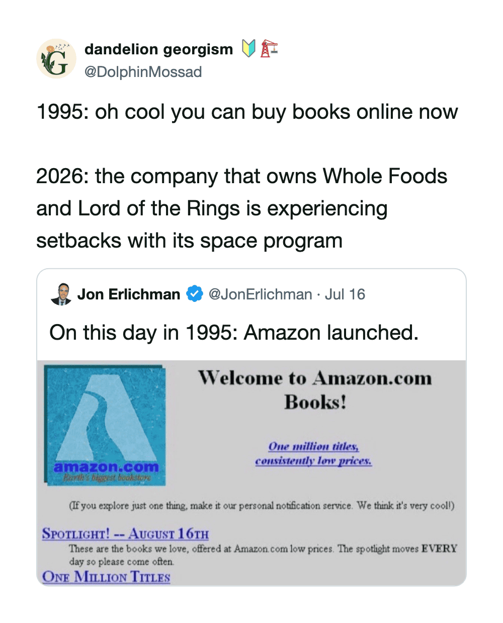Tweet comparing book buying online in 1995 and Amazon's setbacks in 2026.