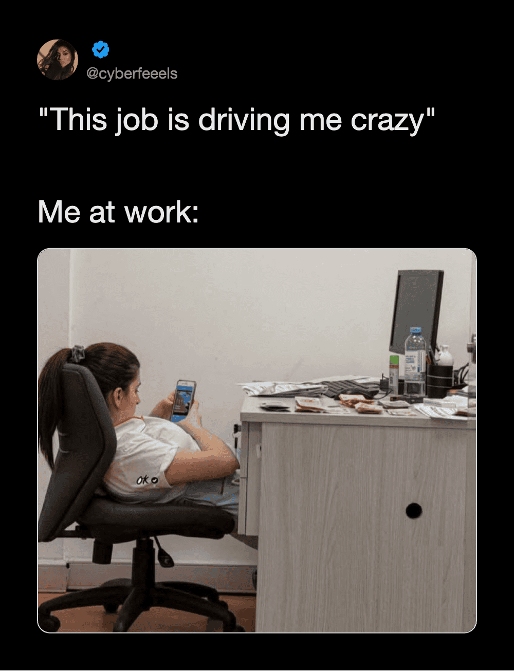 Person at work looking at phone with a caption about job stress.