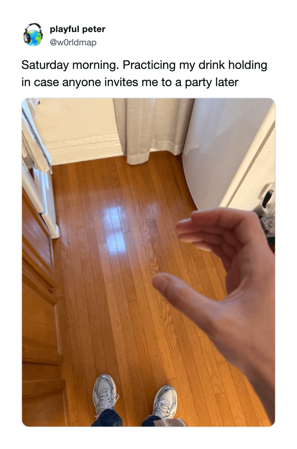 Person practicing drink holding in case invited to a party later.