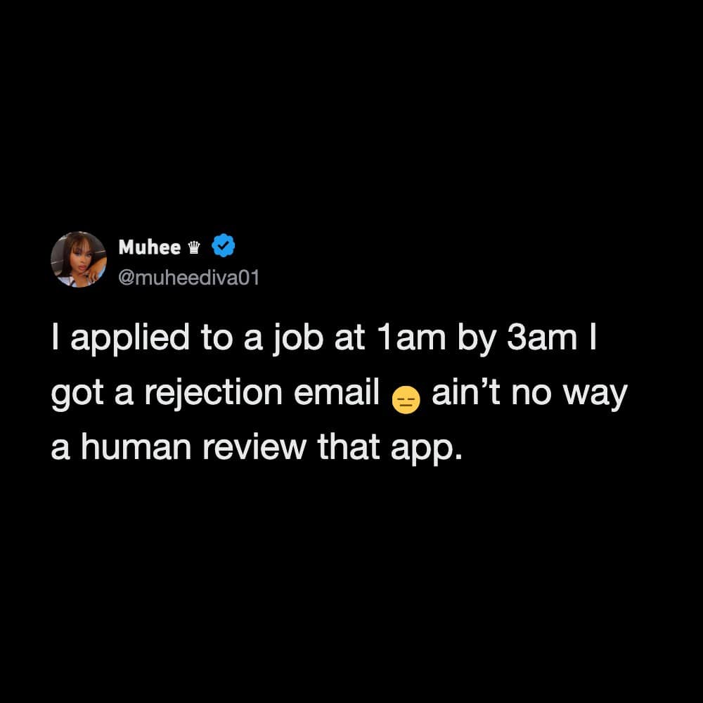 Twitter post by Muhee about applying for a job at 1am and getting a rejection email.