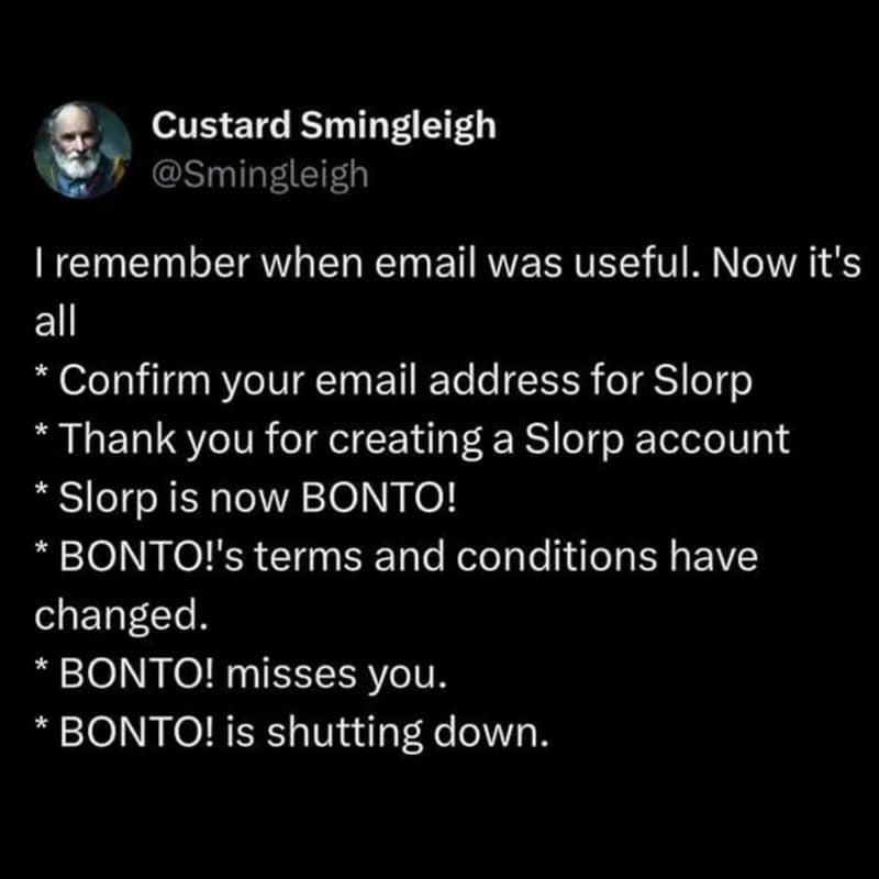 Screenshot of a tweet by Custard Smingleigh about email and Slorp.