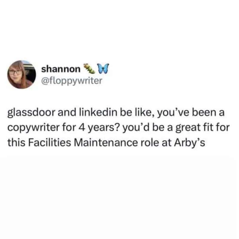 Twitter post by shannon about copywriting and facilities maintenance.