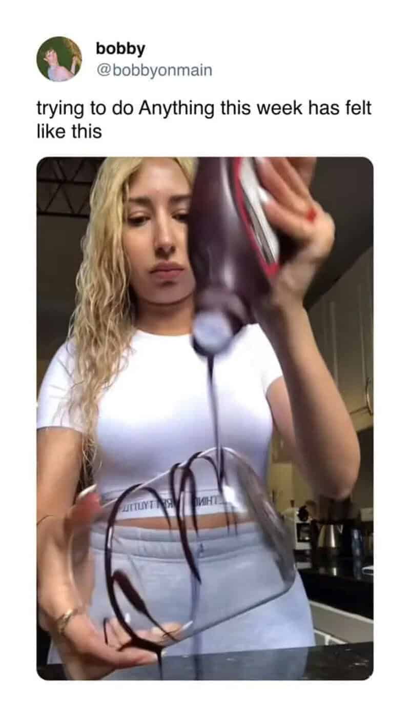Woman pouring wine into a glass with a humorous expression.