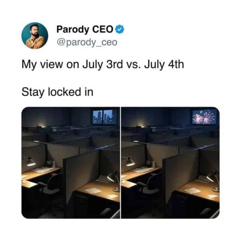 Comparison of empty office cubicles on July 3rd and July 4th with fireworks on TV.