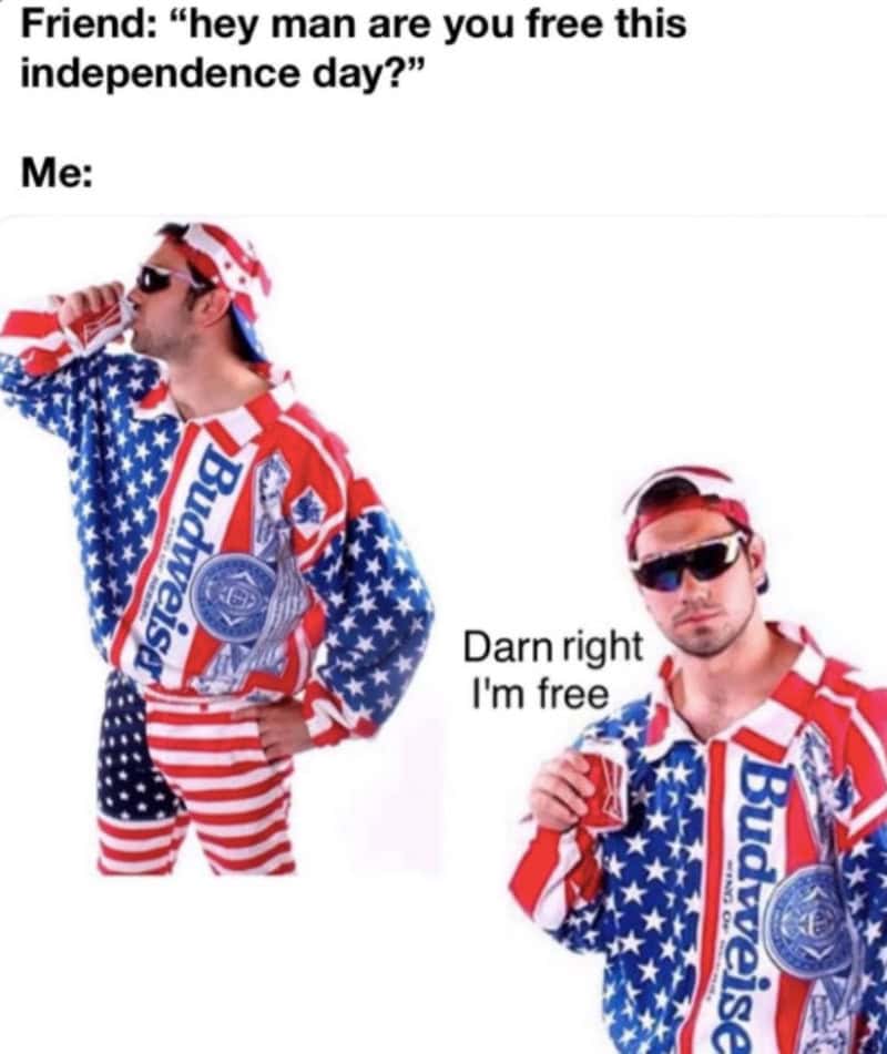 Two men in patriotic outfits, one says he's free, the other says he's free too.
