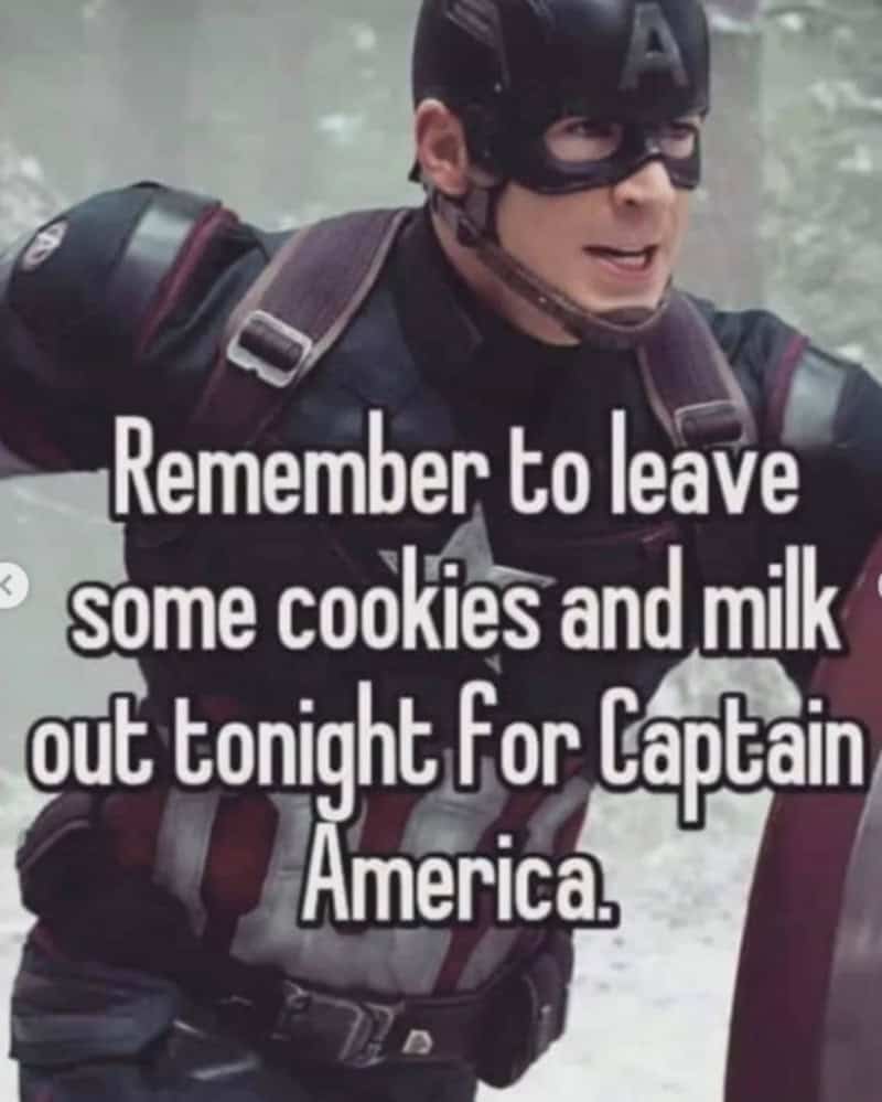 Captain America with a humorous message about cookies and milk.