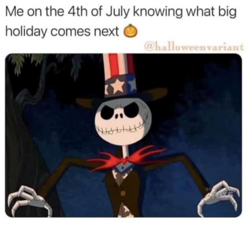 Skeleton character wearing Uncle Sam hat with text about July 4th and upcoming holiday.
