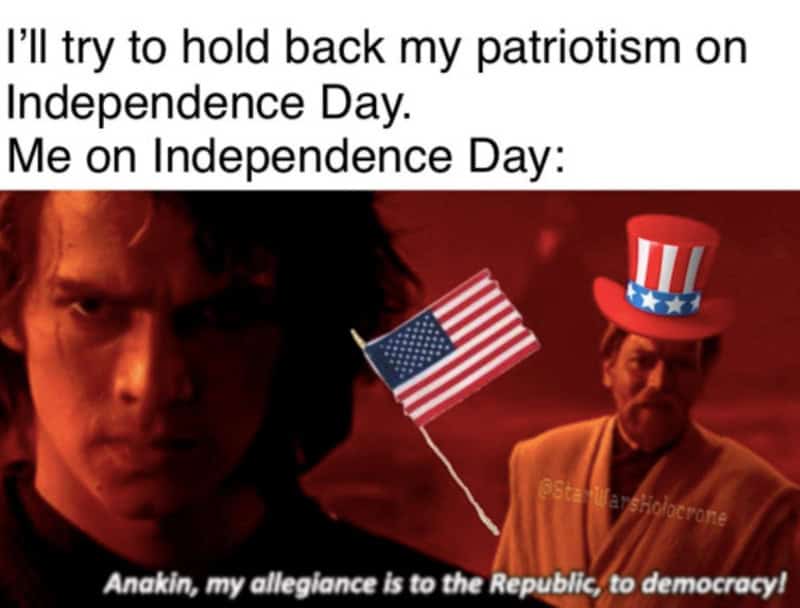 Star Wars meme with Anakin and Obi-Wan, patriotic hats, and American flag.