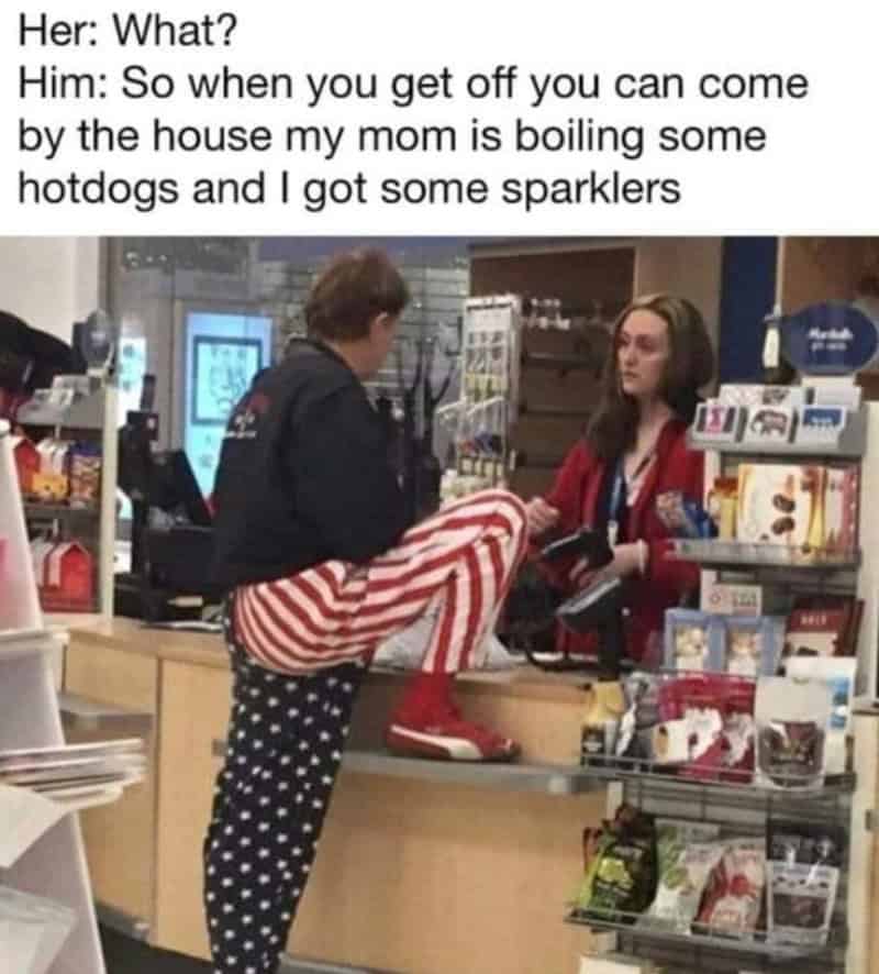 Customer and cashier at checkout counter with patriotic clothing and snacks.