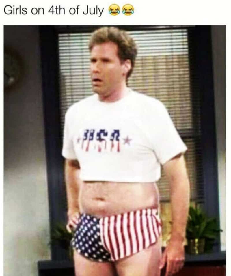 Man in USA shirt and American flag shorts on 4th of July.