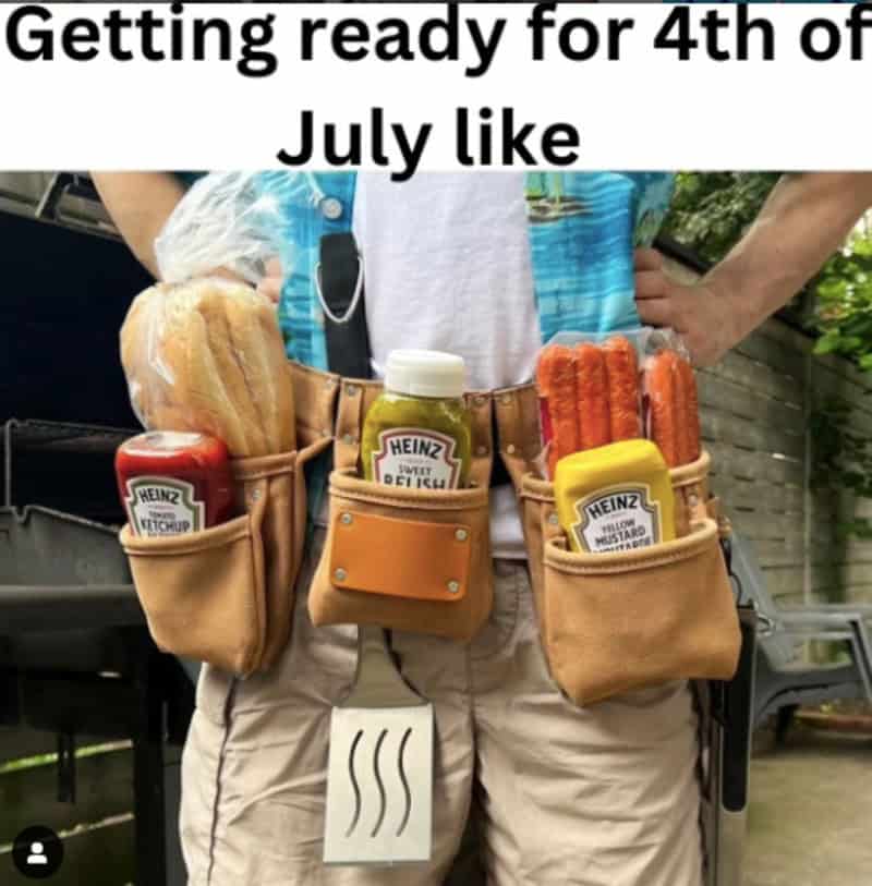 Person with a belt of food and condiments, ready for July 4th.