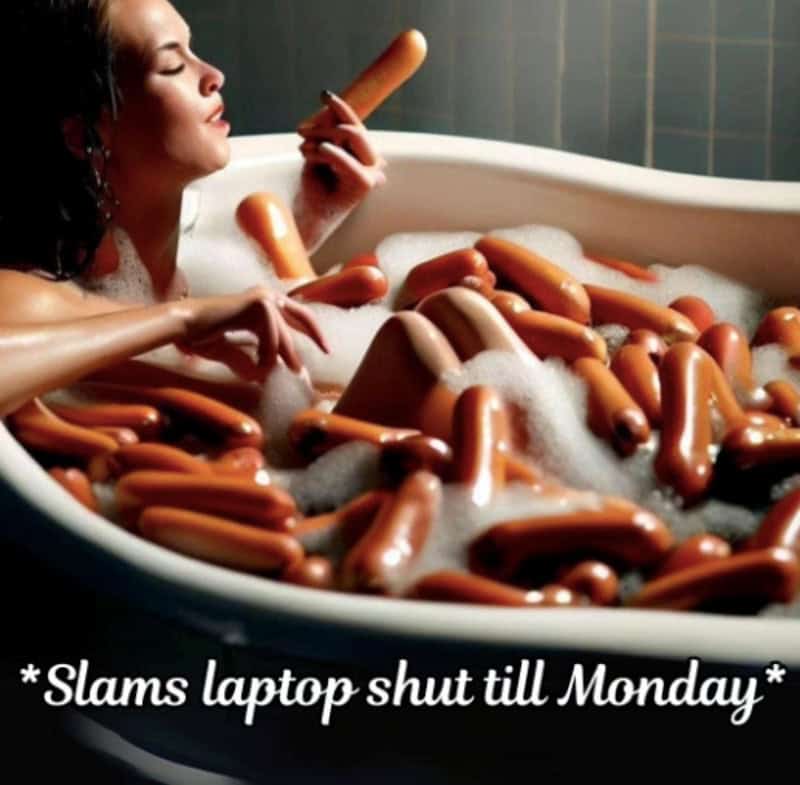 Woman in bathtub filled with hot dogs, holding one, with caption about laptop shutdown.