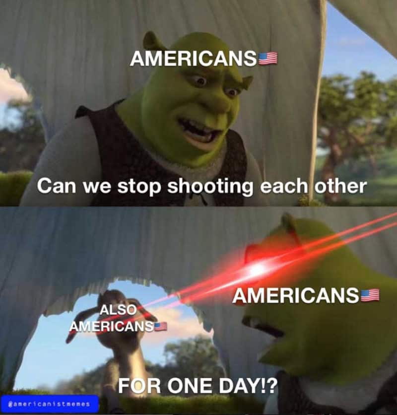Shrek asks Americans to stop shooting each other, laser beams from guns in a meme.