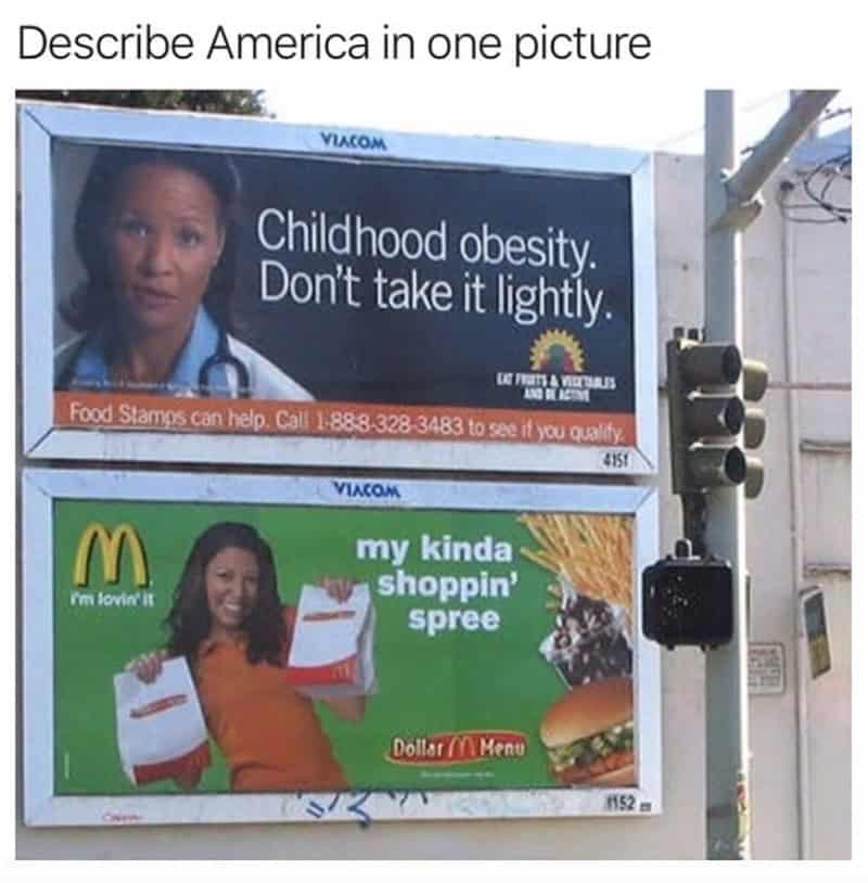 Billboard with two ads, one about childhood obesity and another about shopping sprees.