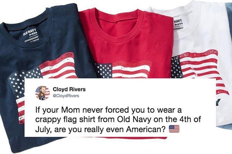 Three T-shirts with American flag designs and a social media post about 4th of July.
