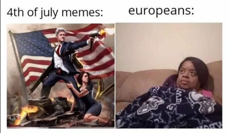 4th of July memes: Americans celebrating with fireworks, Europeans looking unimpressed.