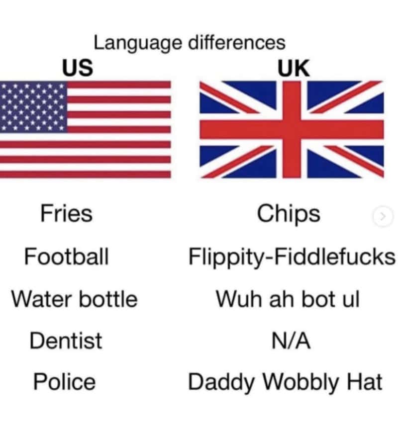 Comparison of US and UK language differences with flags and humorous terms.