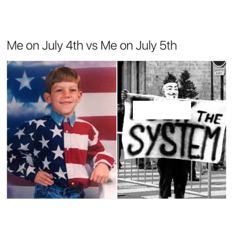 Comparison of July 4th celebration: happy boy in patriotic outfit vs protester with sign.