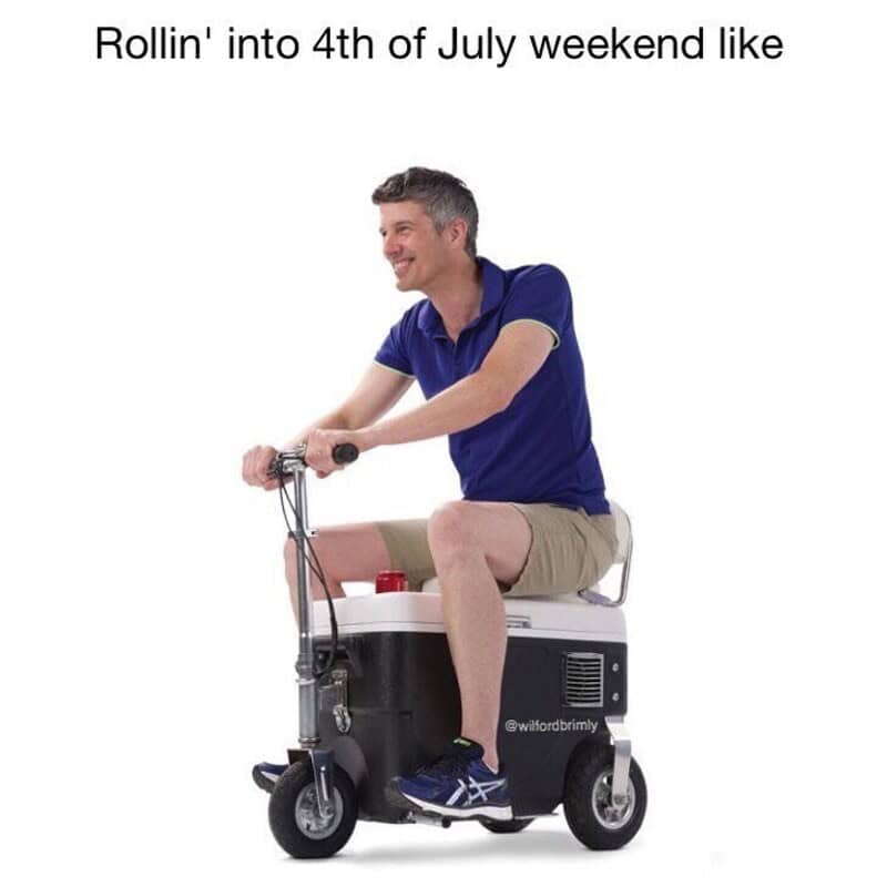 Man riding a motorized cooler bike with the caption 'Rollin' into 4th of July weekend like'.