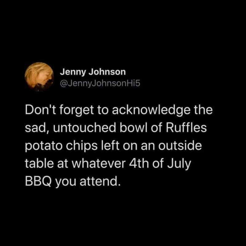 Twitter post by Jenny Johnson about leftover Ruffles potato chips on 4th of July.
