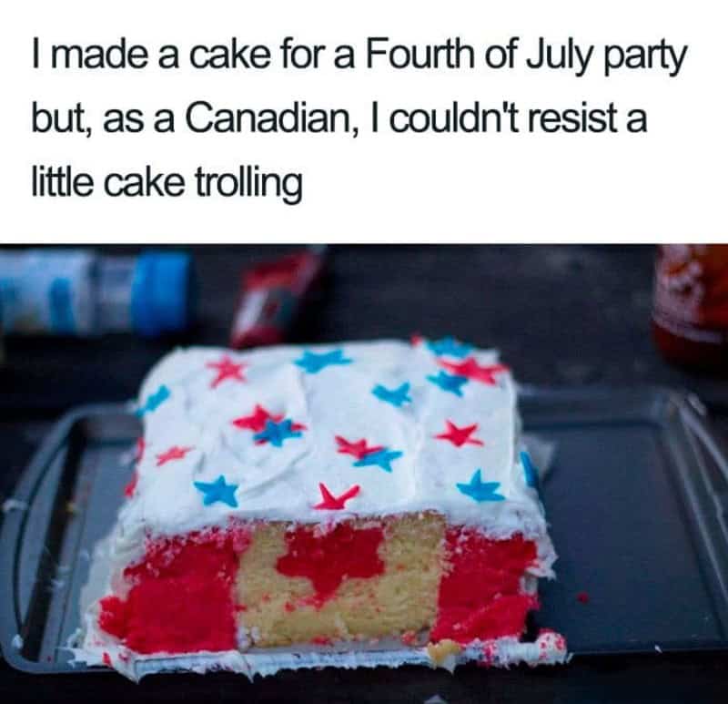 Cake with Canadian flag colors and stars, with text about a Canadian's Fourth of July cake.