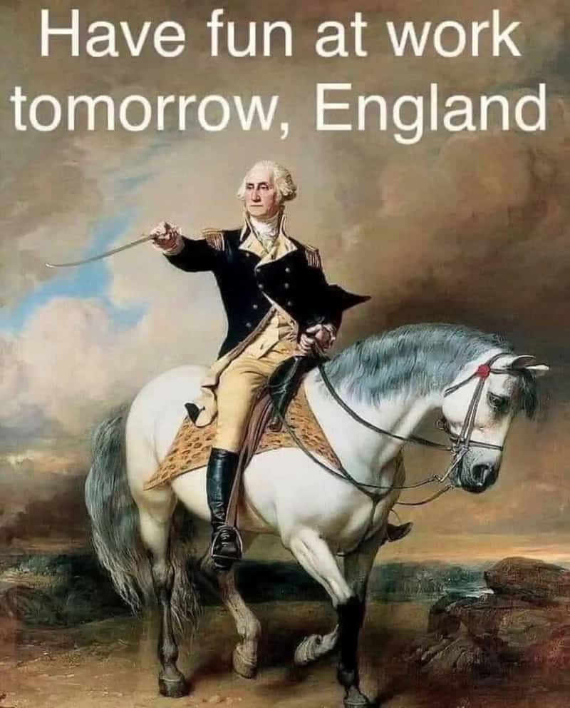 Have fun at work tomorrow, England with a historical figure on a horse.