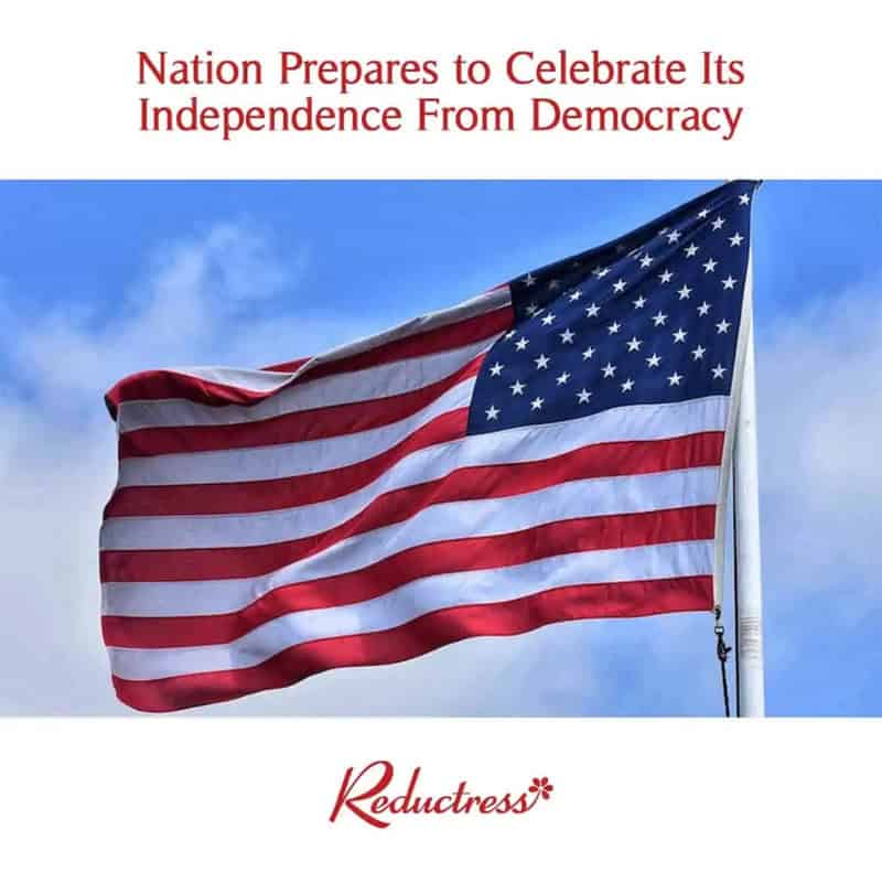 American flag waving with text about independence and democracy.