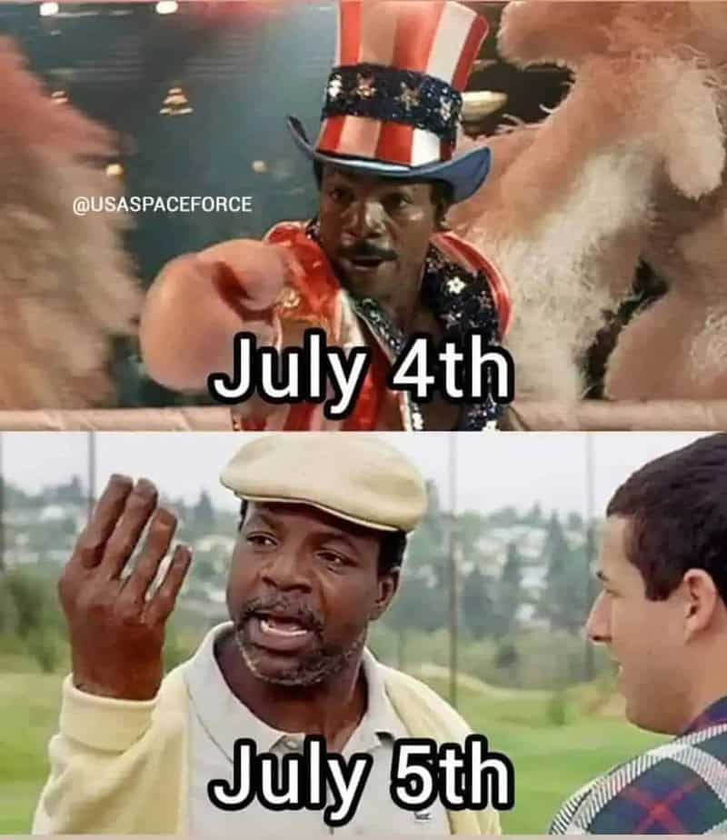 July 4th meme with Uncle Sam pointing, July 5th meme with man talking to boy.