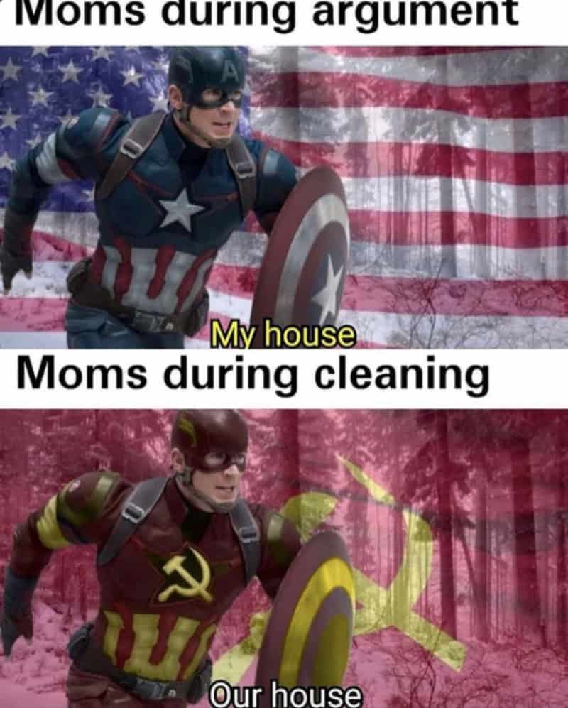 Mom during argument, Mom during cleaning, Captain America and Soviet superhero with shields.