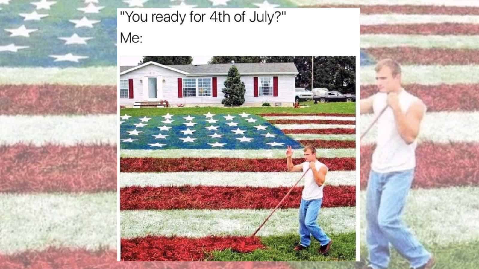 Child raking American flag design on lawn, with text about 4th of July.