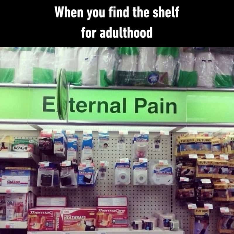 Shelf labeled 'Eternal Pain' in a pharmacy, with pain relief products below.