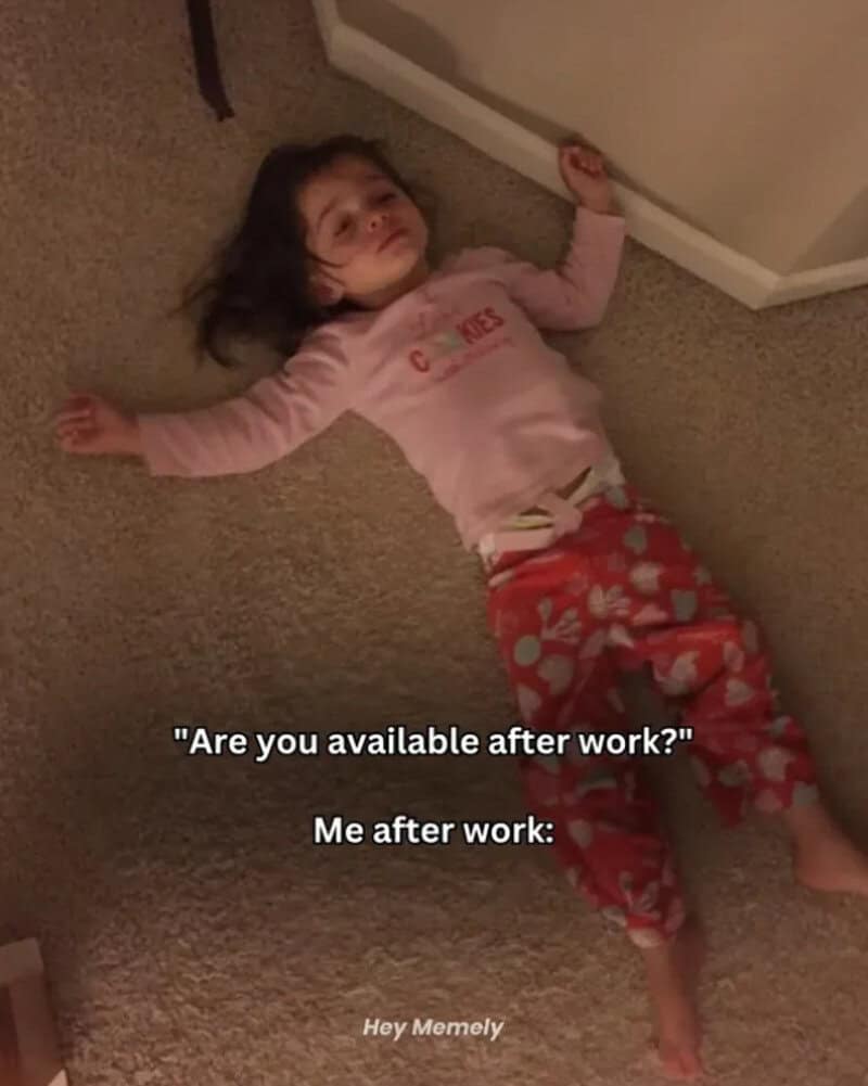 Child lying on the floor in pajamas with text about after work.
