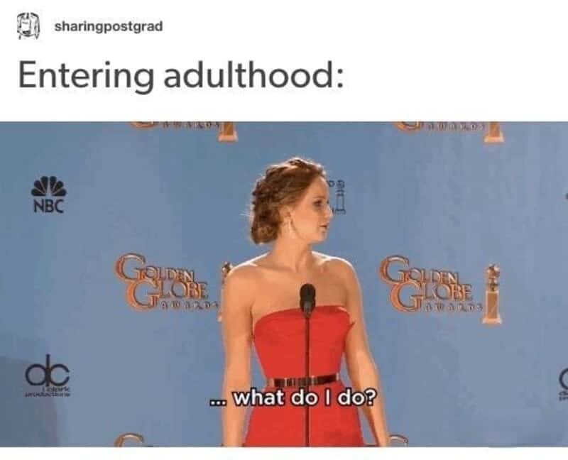 Woman in red dress at podium with text 'Entering adulthood: ... what do I do?'.