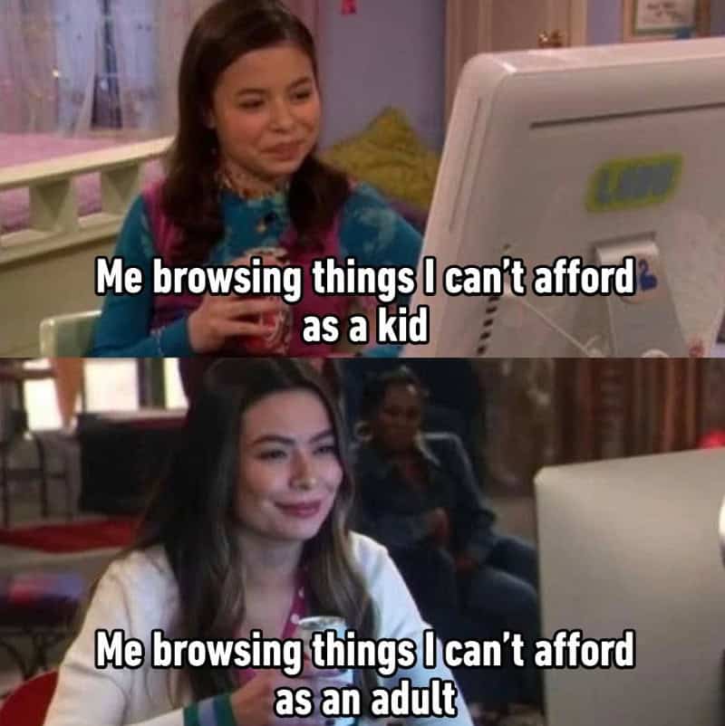 Two women browsing on computers with captions about adulting and childhood.