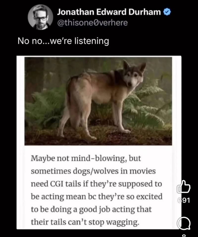 Dog or wolf with CGI tail in a forest scene, meme about movie animals.