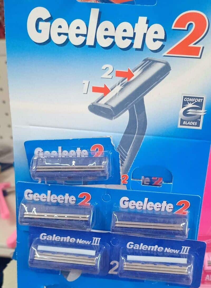 Geleeete 2 razor with multiple blades and packaging, part of a parody of Gillette.