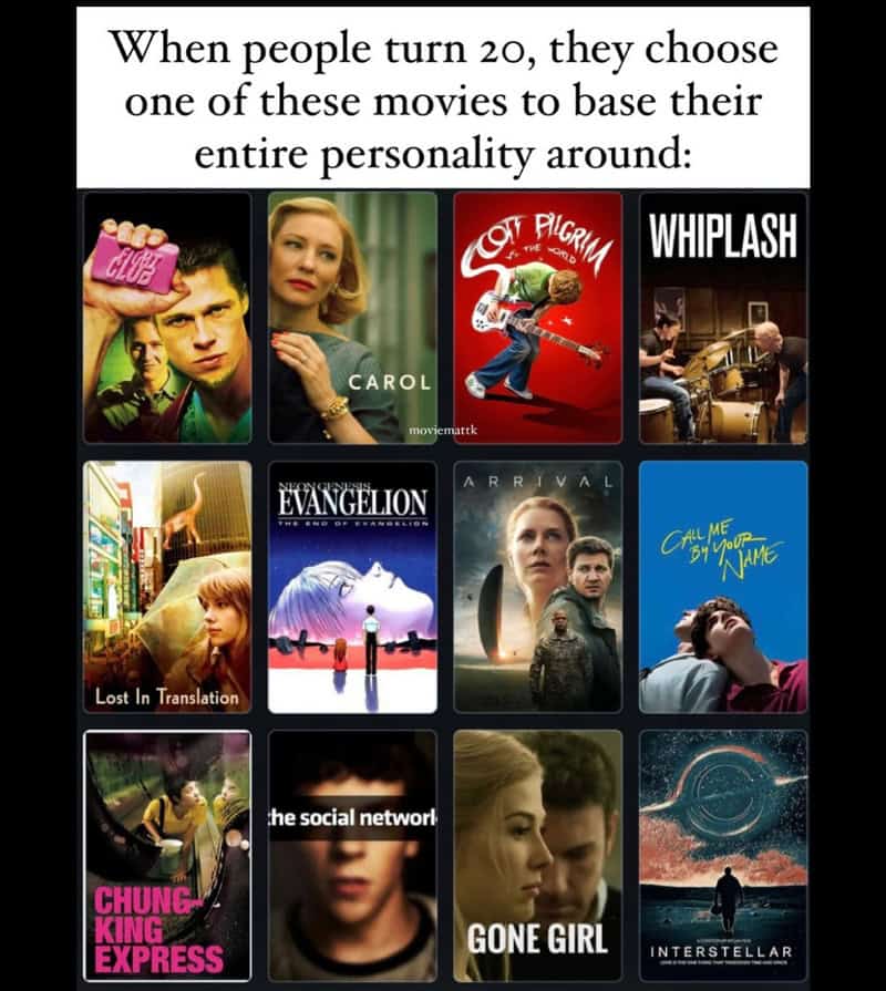 Movie posters with the caption about choosing movies at age 20 to reflect personality.