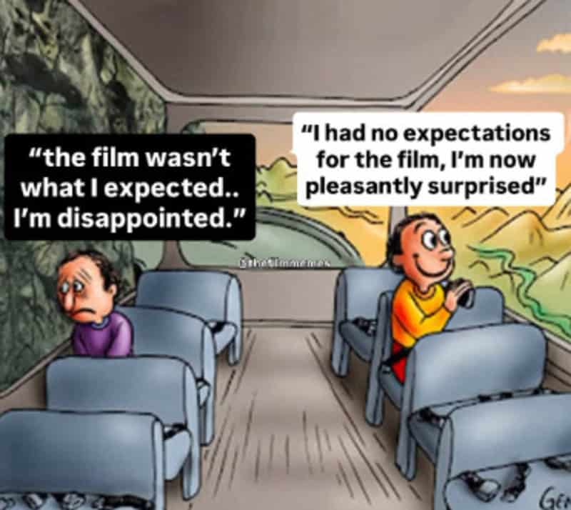 Two children on a bus, one sad and one happy, with speech bubbles about a film.