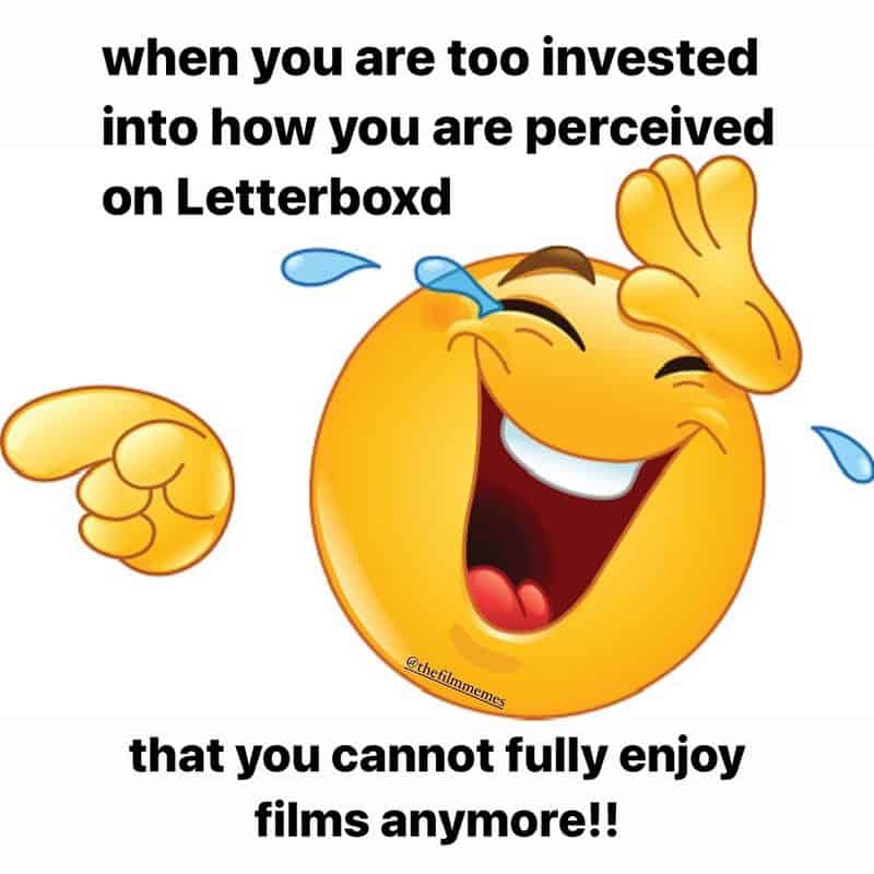 Emoji laughing with tears, pointing at itself, with text about investment in Letterboxd perception.