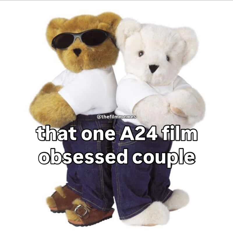 Teddy bears dressed as film enthusiasts with sunglasses and jeans, captioned about A24 films.