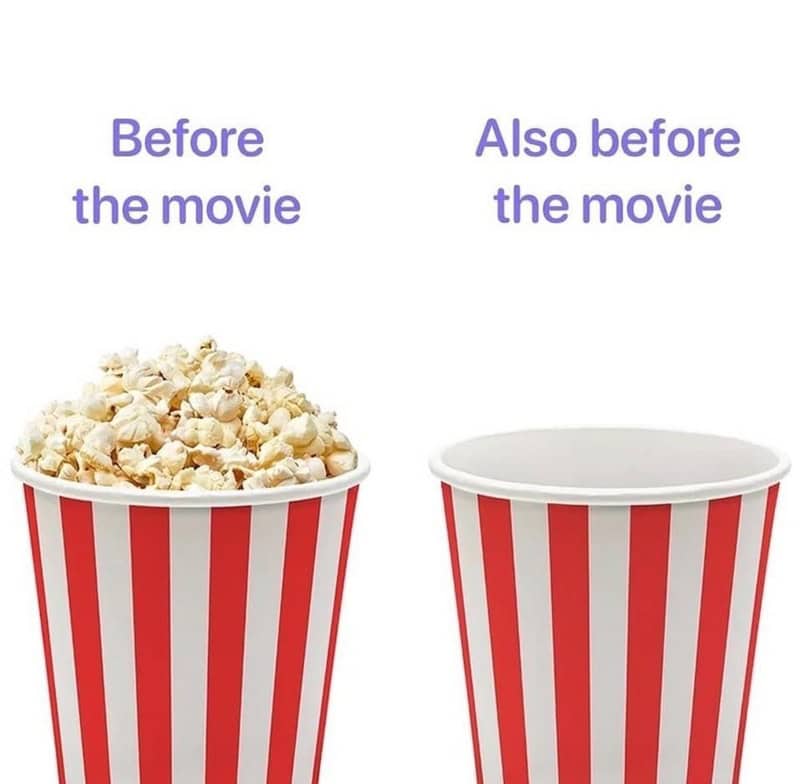 Popcorn in a striped bucket labeled 'Before the movie' and an empty bucket labeled 'Also before the'.