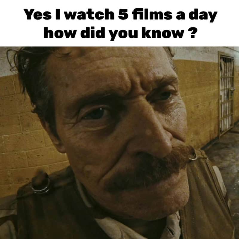 Man with a mustache and serious expression, caption about watching 5 films a day.