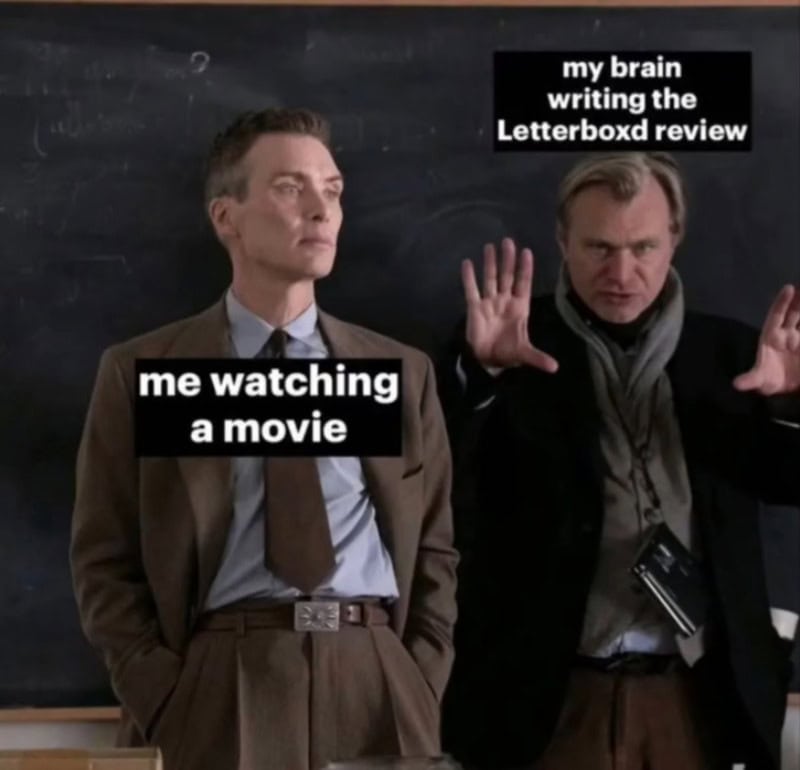 Scene from a movie with two men, one serious and one gesturing, with text about brain and movie.