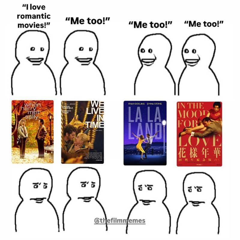Comic strip of four characters saying 'I love romantic movies!' and 'Me too!' with four movie covers.