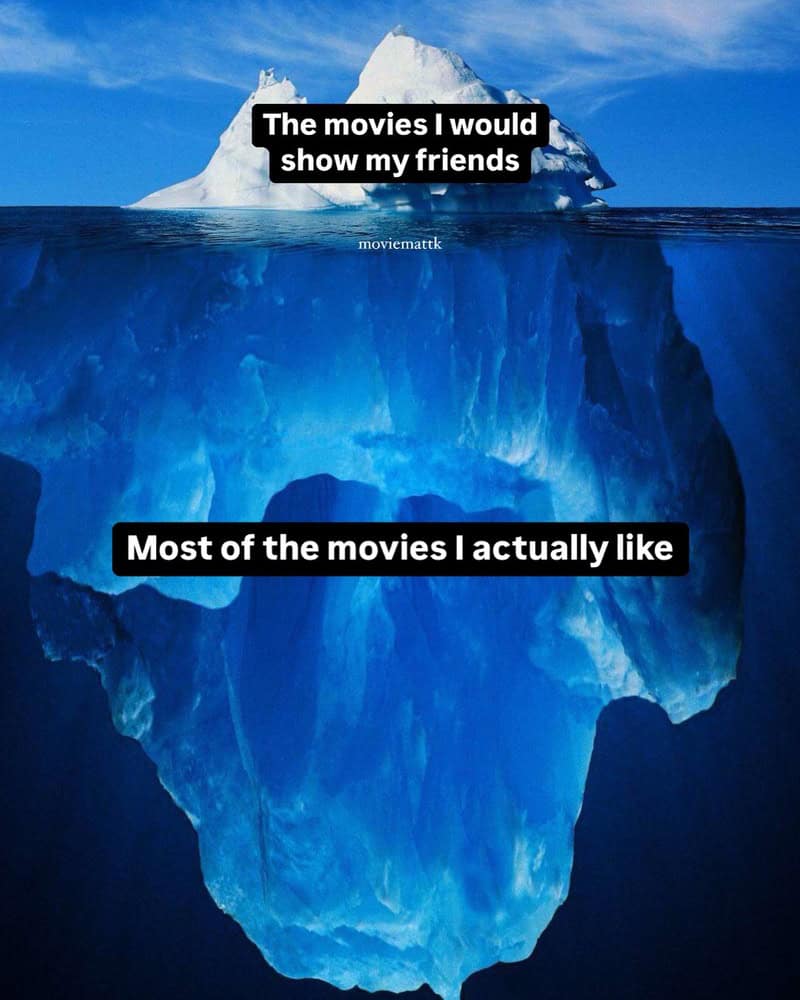 Iceberg with text: The movies I would show my friends, Most of the movies I actually like.