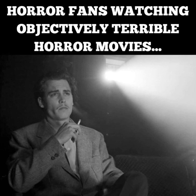 Horror fans watching objectively terrible horror movies meme.