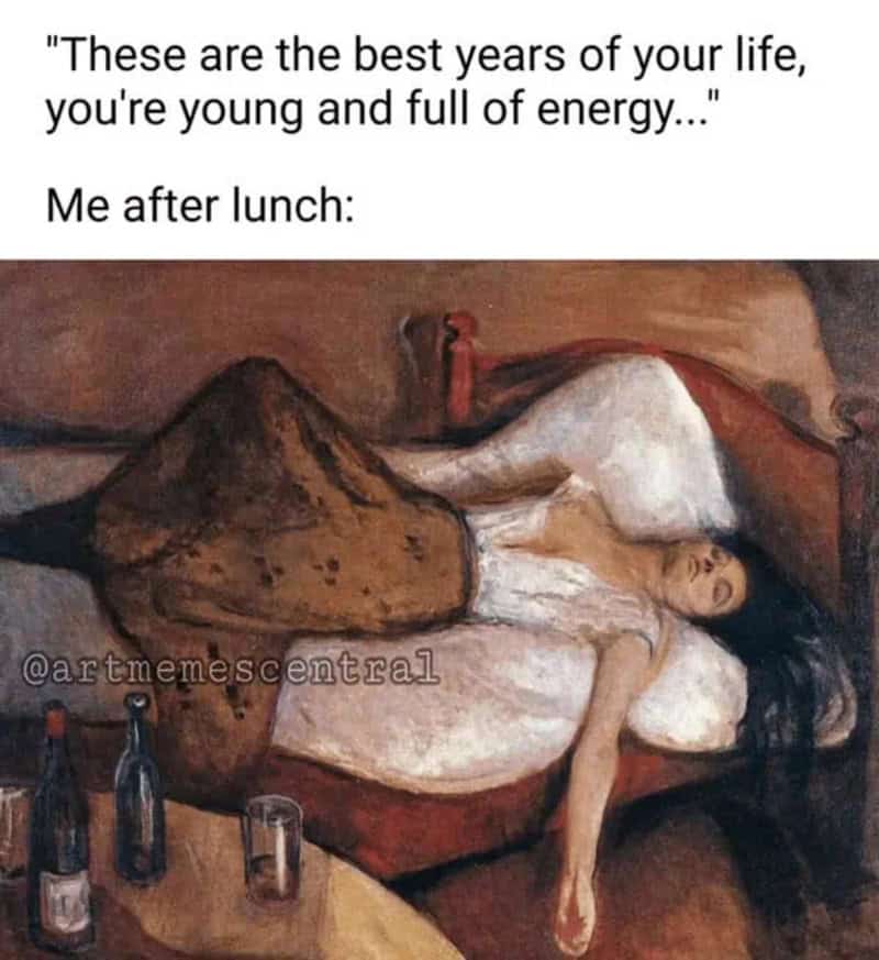 Classical art meme with a woman lying on a couch, surrounded by bottles, with humorous text.