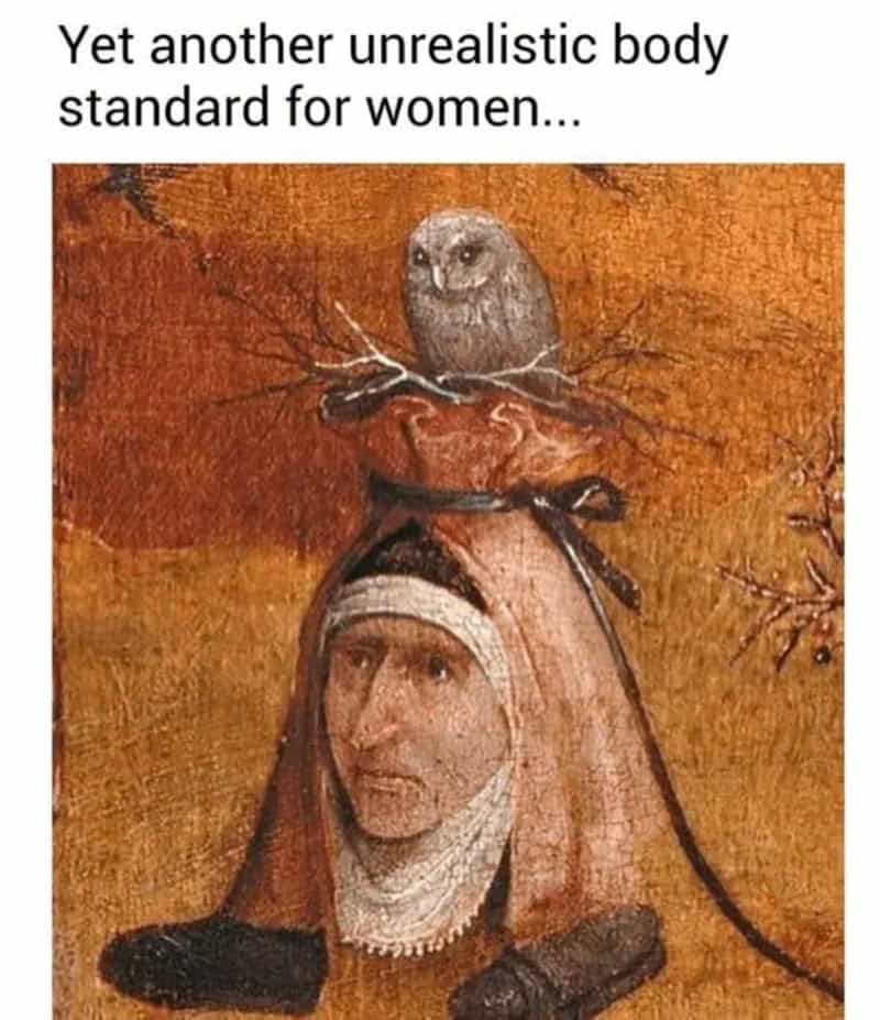 Unrealistic body standard meme with a woman, owl, and tree branches.